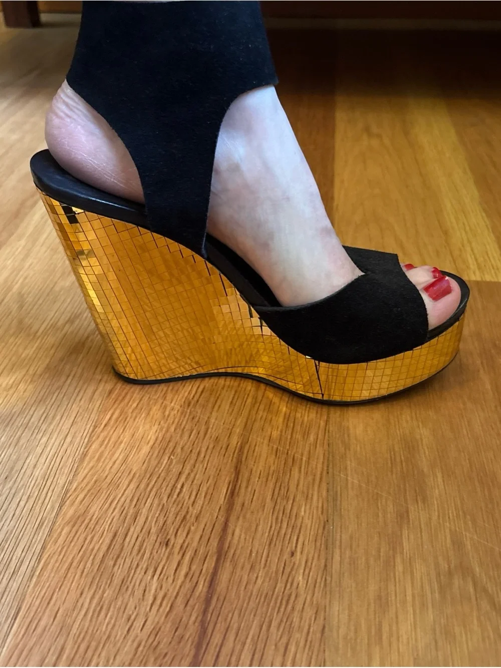 Pedro Garcia Black Suede & Gold disco Wedge Slide Sandals